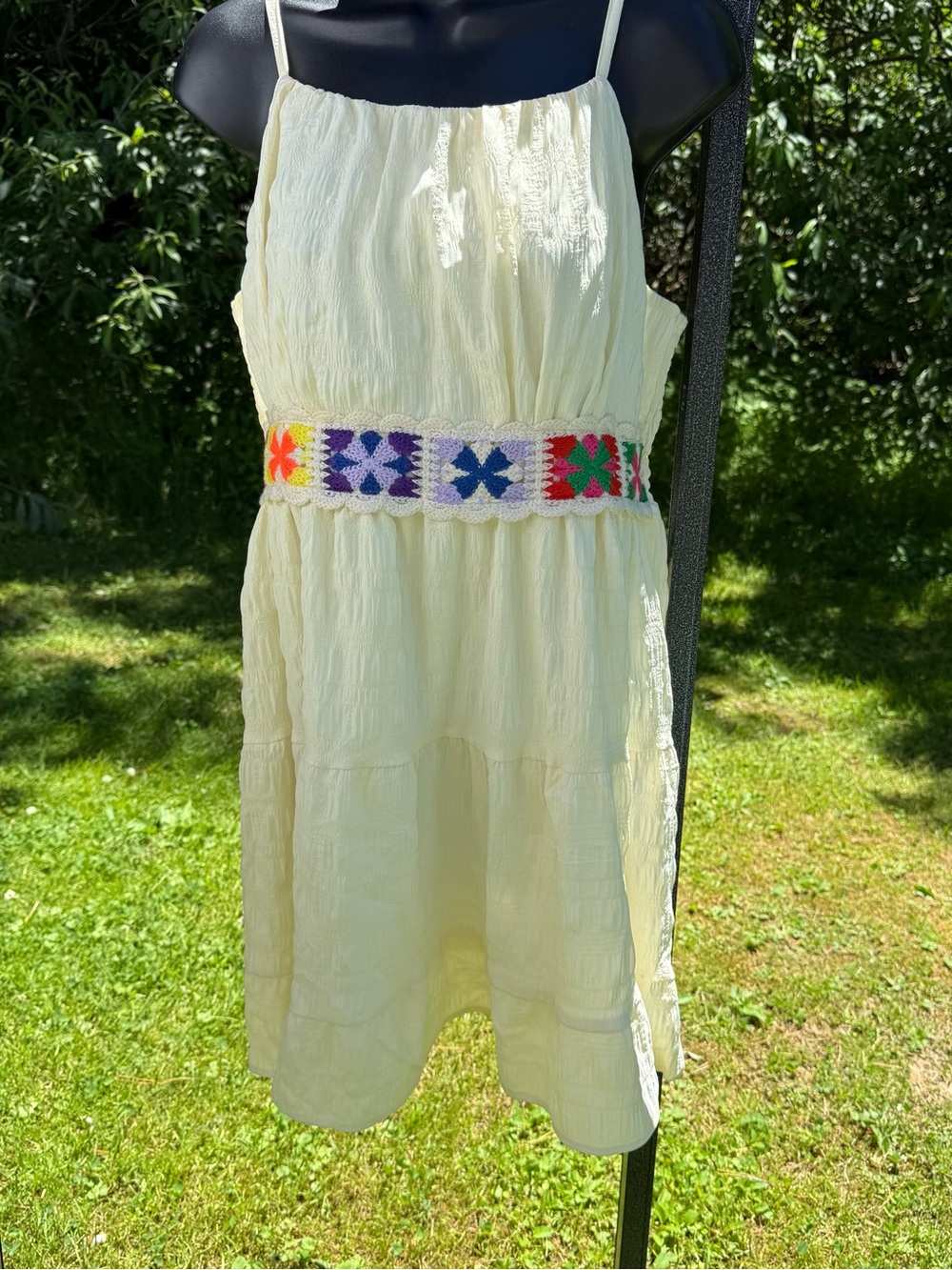 Boho Buttercream Textured Sun Dress Colorful Crochet Waistband - Picture 2 of 11